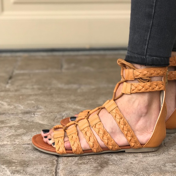 Cognac Braided Lace Up Tall Gladiator Sandals - Picture 3 of 7